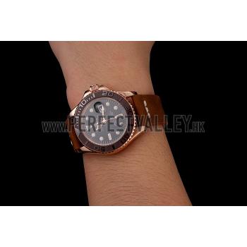 Rolex Yacht Master Black Dial Brown Bezel Rose Gold Case Brown Leather Bracelet 1453860