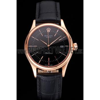 Swiss Rolex Cellini Date Black Dial Rose Gold Markings Rose Gold Case Black Leather Strap Replica