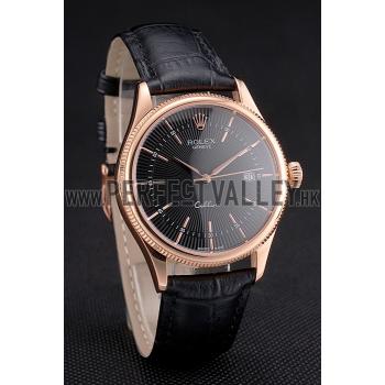 Swiss Rolex Cellini Date Black Dial Rose Gold Markings Rose Gold Case Black Leather Strap Replica