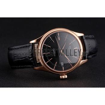 Swiss Rolex Cellini Date Black Dial Rose Gold Markings Rose Gold Case Black Leather Strap Replica