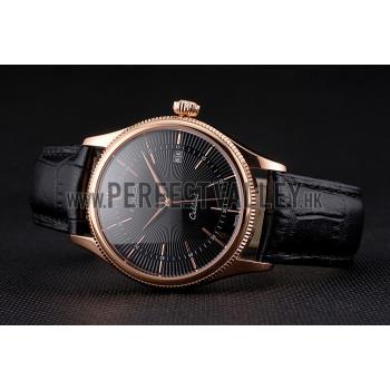 Swiss Rolex Cellini Date Black Dial Rose Gold Markings Rose Gold Case Black Leather Strap Replica