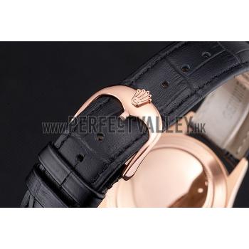 Swiss Rolex Cellini Date Black Dial Rose Gold Markings Rose Gold Case Black Leather Strap Replica