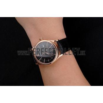 Swiss Rolex Cellini Date Black Dial Rose Gold Markings Rose Gold Case Black Leather Strap Replica