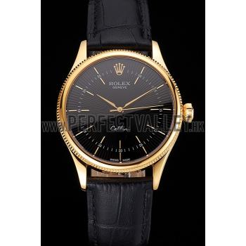 Swiss Rolex Cellini Black Dial Gold Markings Gold Case Black Leather Strap