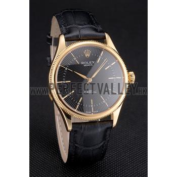 Swiss Rolex Cellini Black Dial Gold Markings Gold Case Black Leather Strap