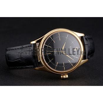 Swiss Rolex Cellini Black Dial Gold Markings Gold Case Black Leather Strap