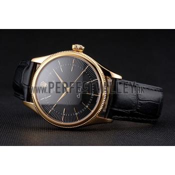 Swiss Rolex Cellini Black Dial Gold Markings Gold Case Black Leather Strap