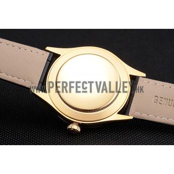 Swiss Rolex Cellini Black Dial Gold Markings Gold Case Black Leather Strap