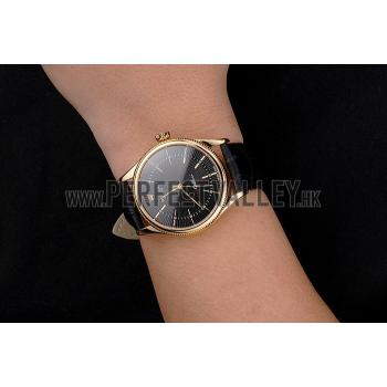 Swiss Rolex Cellini Black Dial Gold Markings Gold Case Black Leather Strap