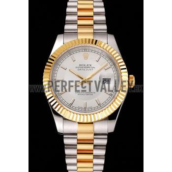 Swiss Rolex Datejust White Dial Gold Bezel Stainless Steel Case Two Tone Gold Bracelet