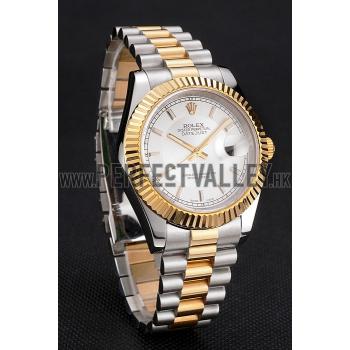 Swiss Rolex Datejust White Dial Gold Bezel Stainless Steel Case Two Tone Gold Bracelet