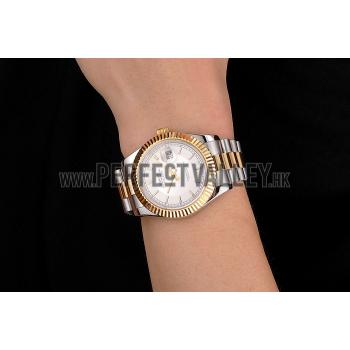 Swiss Rolex Datejust White Dial Gold Bezel Stainless Steel Case Two Tone Gold Bracelet