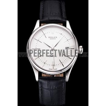 Replica Swiss Rolex Cellini Date White Dial Stainless Steel Case Black Leather Strap