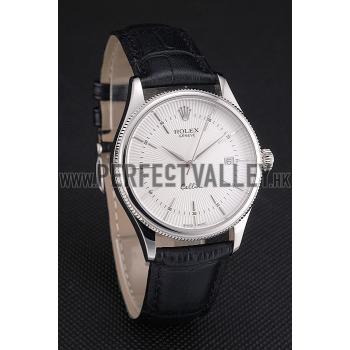 Replica Swiss Rolex Cellini Date White Dial Stainless Steel Case Black Leather Strap