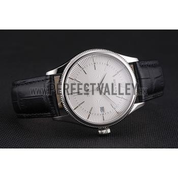 Replica Swiss Rolex Cellini Date White Dial Stainless Steel Case Black Leather Strap