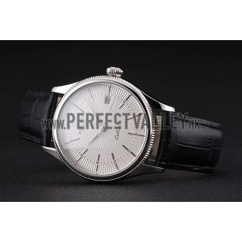 Replica Swiss Rolex Cellini Date White Dial Stainless Steel Case Black Leather Strap