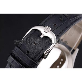 Replica Swiss Rolex Cellini Date White Dial Stainless Steel Case Black Leather Strap