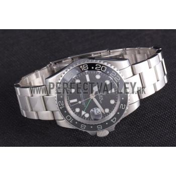 Rolex GMT Stainless Steel Bracelet with Black Enamel Bezel and Black Dial  621571