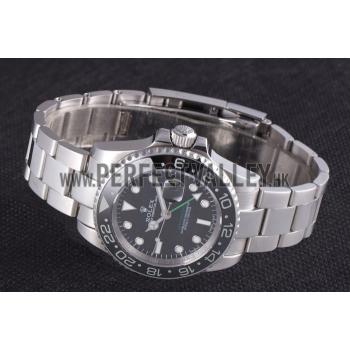 Rolex GMT Stainless Steel Bracelet with Black Enamel Bezel and Black Dial  621571