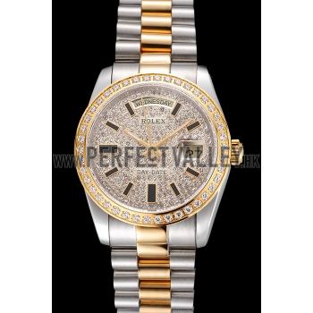 Cheap Swiss Rolex Day Date Diamond Pave Dial And Bezel Stainless Steel Case Two Tone Bracelet