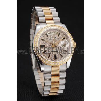 Cheap Swiss Rolex Day Date Diamond Pave Dial And Bezel Stainless Steel Case Two Tone Bracelet