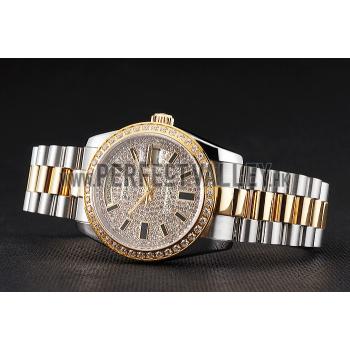 Cheap Swiss Rolex Day Date Diamond Pave Dial And Bezel Stainless Steel Case Two Tone Bracelet