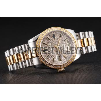 Cheap Swiss Rolex Day Date Diamond Pave Dial And Bezel Stainless Steel Case Two Tone Bracelet