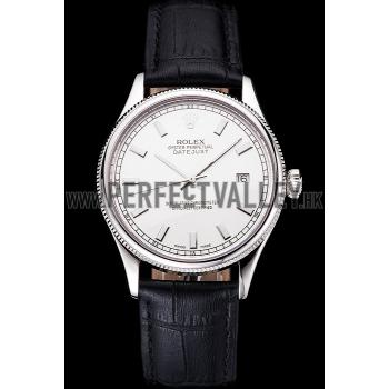 Swiss Rolex Datejust White Dial Stainless Steel Case Black Leather Strap