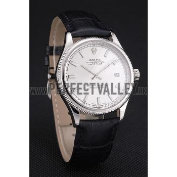 Swiss Rolex Datejust White Dial Stainless Steel Case Black Leather Strap