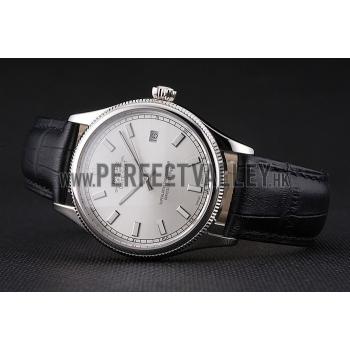 Swiss Rolex Datejust White Dial Stainless Steel Case Black Leather Strap