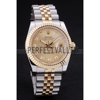 Rolex Datejust Gold Dial Diamonds Ribbed Bezel 7452