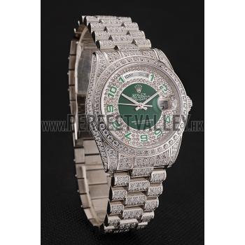 Swiss Rolex Day-Date Diamond Pave Green Dial Diamond Bracelet 1453951