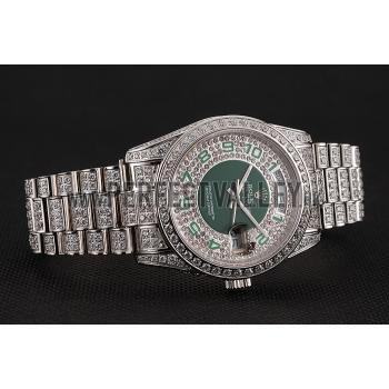 Swiss Rolex Day-Date Diamond Pave Green Dial Diamond Bracelet 1453951