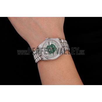 Swiss Rolex Day-Date Diamond Pave Green Dial Diamond Bracelet 1453951