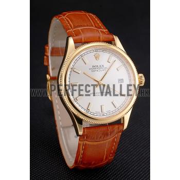 Swiss Rolex Datejust White Dial Gold Case Light Brown Leather Strap