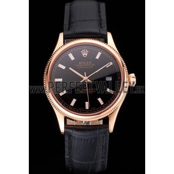 Swiss Rolex Datejust Black Dial Rose Gold Case Black Leather Strap