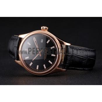 Swiss Rolex Datejust Black Dial Rose Gold Case Black Leather Strap