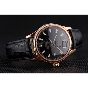 Swiss Rolex Datejust Black Dial Rose Gold Case Black Leather Strap