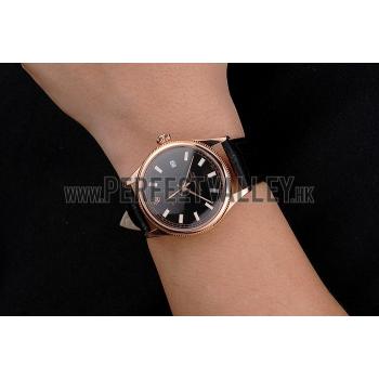 Swiss Rolex Datejust Black Dial Rose Gold Case Black Leather Strap