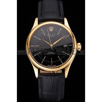 Swiss Rolex Cellini Date Black Dial Gold Case Black Leather Strap