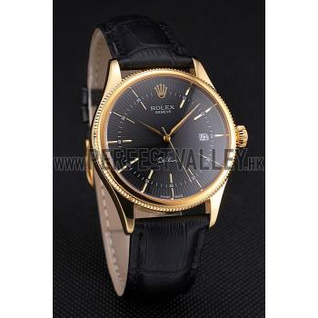 Swiss Rolex Cellini Date Black Dial Gold Case Black Leather Strap