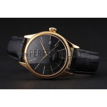 Swiss Rolex Cellini Date Black Dial Gold Case Black Leather Strap