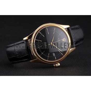 Swiss Rolex Cellini Date Black Dial Gold Case Black Leather Strap