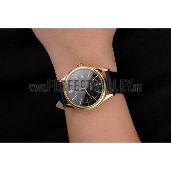 Swiss Rolex Cellini Date Black Dial Gold Case Black Leather Strap