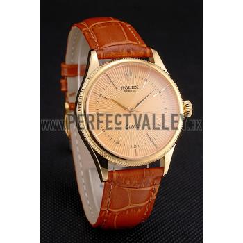 Swiss Rolex Cellini Gold Dial And Markings Gold Case Light Brown Leather Strap