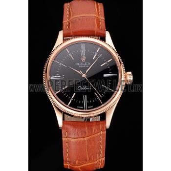 Swiss Rolex Cellini Black Dial Roman Numerals Rose Gold Case Light Brown Leather Strap