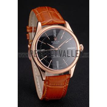 Swiss Rolex Cellini Black Dial Roman Numerals Rose Gold Case Light Brown Leather Strap