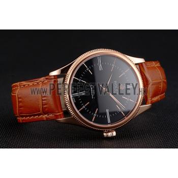 Swiss Rolex Cellini Black Dial Roman Numerals Rose Gold Case Light Brown Leather Strap