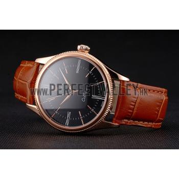 Swiss Rolex Cellini Black Dial Roman Numerals Rose Gold Case Light Brown Leather Strap