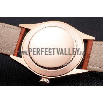 Swiss Rolex Cellini Black Dial Roman Numerals Rose Gold Case Light Brown Leather Strap